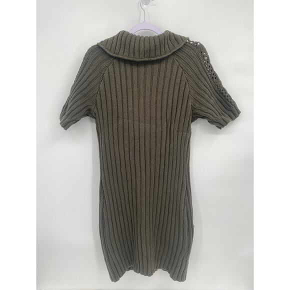 DKNY Long Olive Green Button Up Sweater Short Sleeve Collared Pockets Medium - Picture 5 of 9